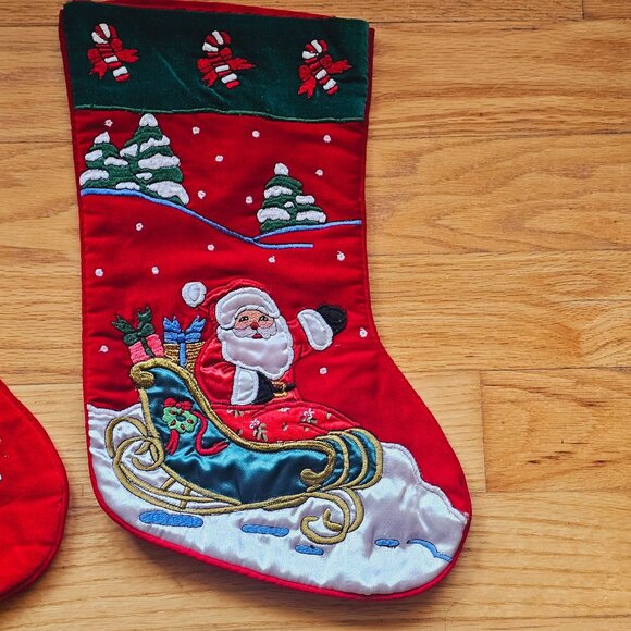2 Vintage Christmas Velvet Embroidered Stockings Santa Tree Candy Cane Presents - Picture 6 of 13